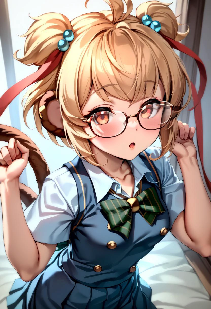 masterpiece, best quality, 1girl, <lora:spgbfAndiraXL-09:0.9> andiraaa, monkey tail, school uniform, glasses, collared shirt, blue skirt, green bowtie, red ribbon, upper body, :o, hands up, fists, looking at viewer, curious, from above