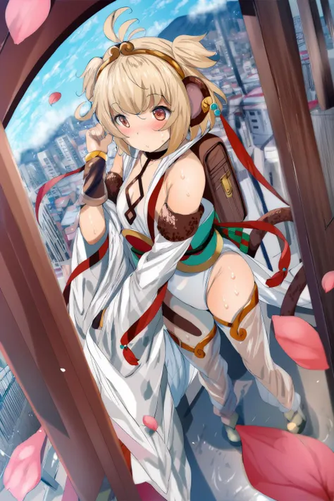 masterpiece, best quality, 1girl, <lora:spgbfAndiraXL:1> andiradef, hair ribbon, two side up, monkey tail, detached sleeves, thighhighs, white leotard, sash, choker, shawl, hagoromo, blurry, city, cloud, day, depth of field, fog, from above, outdoors, petals, power lines, rain, reflection, umbrella, water drop, backpack, hand up, looking away, solo, standing, by fumihiko \(fu mihi ko\)