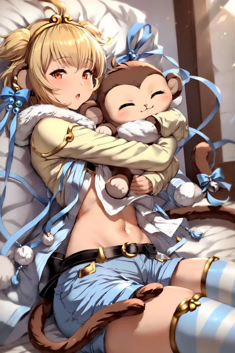 masterpiece, best quality, 1girl, <lora:spgbfAndiraXL:1>andiraff, hairband, ahoge, midriff, monkey tail, tail bow, tail bell, blue ribbon, pom pom (clothes), jacket, blue shorts, striped thighhighs, long sleeves, fur trim, cleavage cutout, belt, from side, letterboxed, upper body, wreath, :o, holding, holding stuffed toy, hug, looking at viewer, object hug, sleeping, smile, solo, zzz