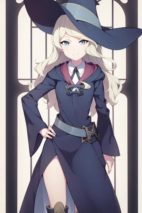 masterpiece, best quality, absurdres, perfect anatomy, 1girl, solo, DianaCavendish, long hair, DianaCavendishBase, blue robe, boots, collared shirt, long sleeves, wide sleeves, witch hat, hand on hip, smile, academy scene