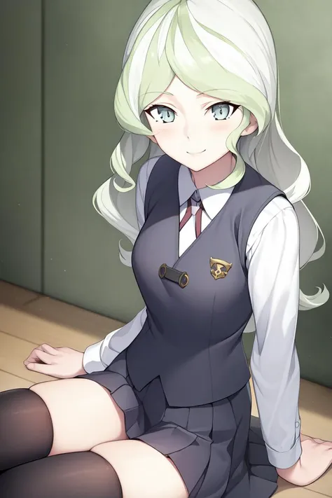 masterpiece, best quality, absurdres, perfect anatomy, 1girl, solo, DianaCavendish, long hair, DianaCavendishBase, black thighhighs, blush, collared shirt, vest, luna nova school uniform, skirt, sitting, smile, academy scene