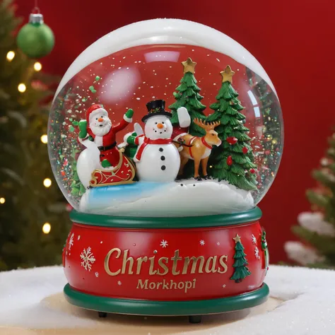 A funny snowglobe scene of a holiday disaster, where Santa's sleigh has crashed into a snowman, set against a backdrop of a comical North Pole workshop. (logo text âChristmasâ:1.5), <lora:Snow_Globes_for_SDXL-000010:1>,<lora:texta:1>, best quality, uhd, 8k, detailed