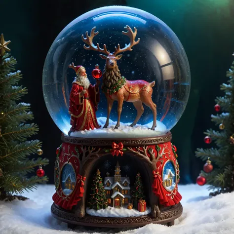 high quality, masterpiece, snowglobe, <lora:Snowglobe_SDXL:1>, enchanting image with a red reindeer in a snowglobe, wearing intricate ancient robes, dark_fantasy, horror, grim, winter, christmas,
4k, high quality, masterpiece, 8k, highly detailed, fantasy art style, epic, gorgeous, absurdres, vibrant, oil matte painting