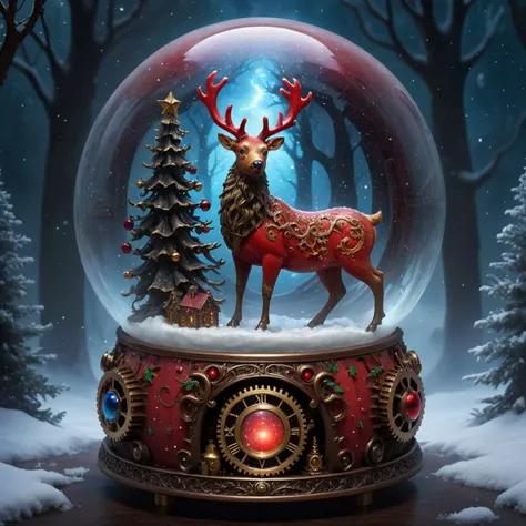 high quality, masterpiece, snowglobe, <lora:Snowglobe_SDXL:0.7>, enchanting image with a red reindeer in a snowglobe, primeval cosmic forces, dark fantasy, horror, grim, winter, christmas, atmospheric particles, mist, arcane glow, puzzle box, puzzle, intricate, clockwork, gears, bronze,
4k, high quality, masterpiece, 8k, highly detailed, fantasy art style, epic, gorgeous, absurdres, vibrant, oil matte painting