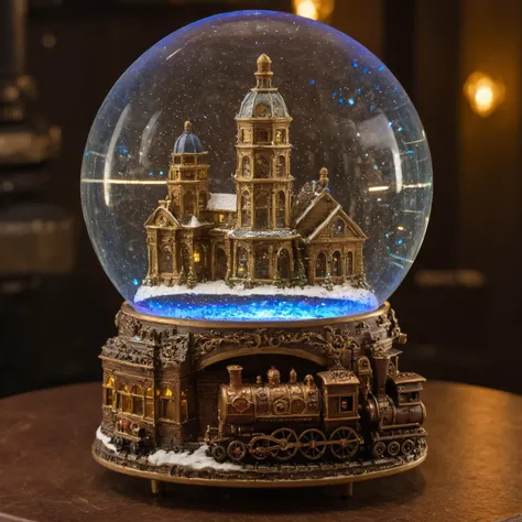 A steampunk-themed snowglobe featuring vintage gears, steam engines, and airships, with a background of a Victorian-era city infused with steampunk technology.<lora:Snow_Globes_for_SDXL-000010:1>, best quality, uhd, 8k, detailed