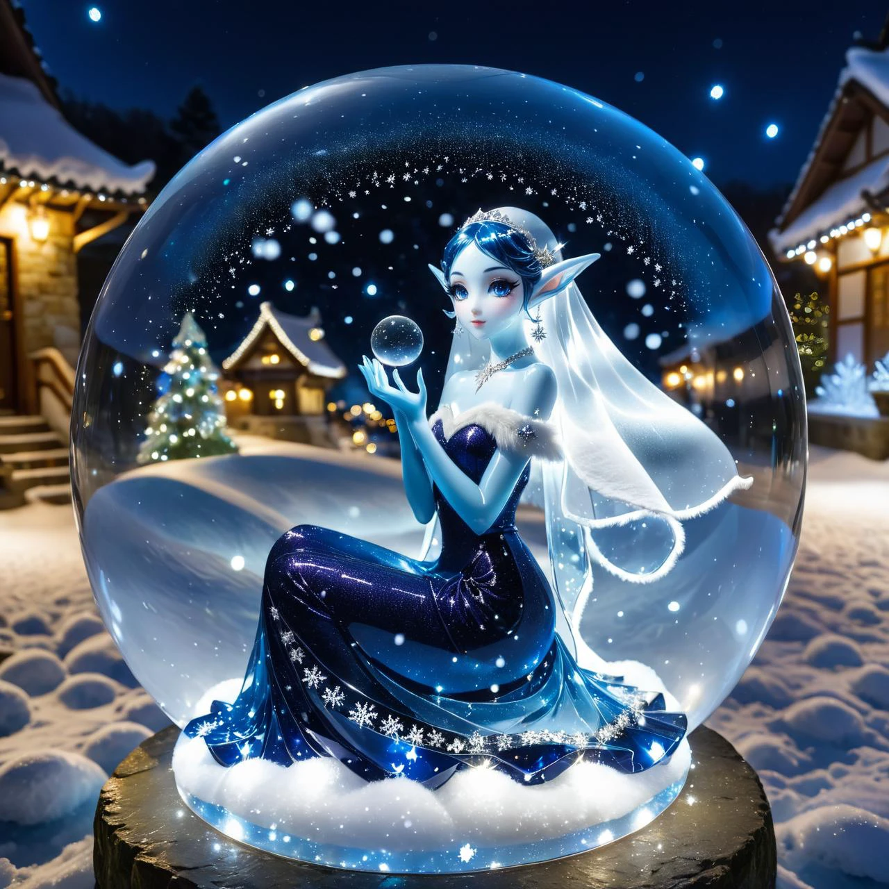 a glass sculpture of an elf girl made of transparent glass wearing long evening gown trapped in snow globe, wearing a big white off shoulder scarf made of fur, sitting on a stone, bokeh, dark blue night sky, long elf ears, long pointy ears, snowflakes, village lights in the background, beautiful big bright eyes, asian girl, korean girl, <lora:sdxl_glass:1> (translucent:1.3), (transparent:1.3), <lora:Snow_Globes_for_SDXL-000010:0.5>, glasssculpture