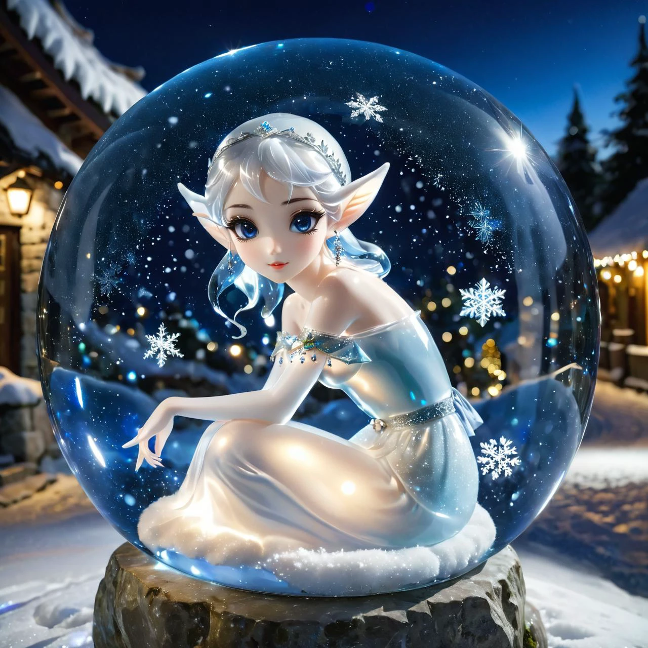 a glass sculpture of an elf girl made of transparent glass wearing long evening gown trapped in snow globe, wearing a big white off shoulder scarf made of fur, sitting on a stone, bokeh, dark blue night sky, long elf ears, long pointy ears, snowflakes, village lights in the background, beautiful big bright eyes, asian girl, korean girl, <lora:sdxl_glass:1> (translucent:1.3), (transparent:1.3), <lora:Snow_Globes_for_SDXL:0.5>, glasssculpture