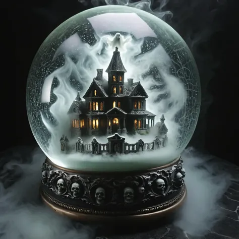 A spooky haunted mansion inside a snowglobe, with ghosts and ghouls visible through the windows, set against a creepy, foggy cemetery background.<lora:Snow_Globes_for_SDXL-000010:1>, <lora:dark_fantasy_art:0.7>, <lora:SDXLGhostStyle:0.7>,best quality, uhd, 8k, detailed,fantasy,dark,ghostlystyle