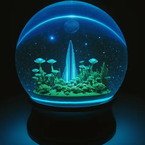 A snowglobe showing an alien planet landscape with otherworldly flora and fauna, set against a backdrop of a futuristic space colony.<lora:Snow_Globes_for_SDXL-000010:1>, best quality, uhd, 8k, detailed