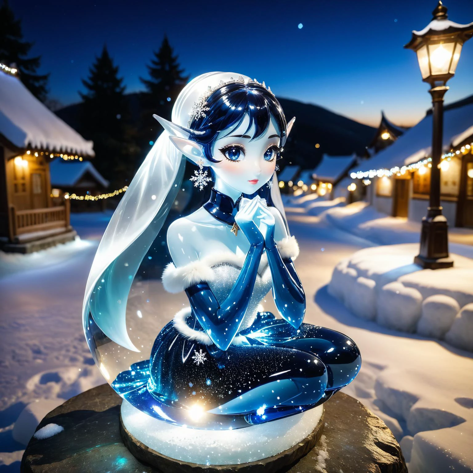 a glass sculpture of an elf girl made of transparent glass wearing long evening gown trapped in snow globe, wearing a big white off shoulder scarf made of fur, sitting on a stone, bokeh, dark blue night sky, long elf ears, long pointy ears, snowflakes, village lights in the background, beautiful big bright eyes, asian girl, korean girl, <lora:sdxl_glass:1> (translucent:1.3), (transparent:1.3), <lora:Snow_Globes_for_SDXL-000010:0.5>, glasssculpture