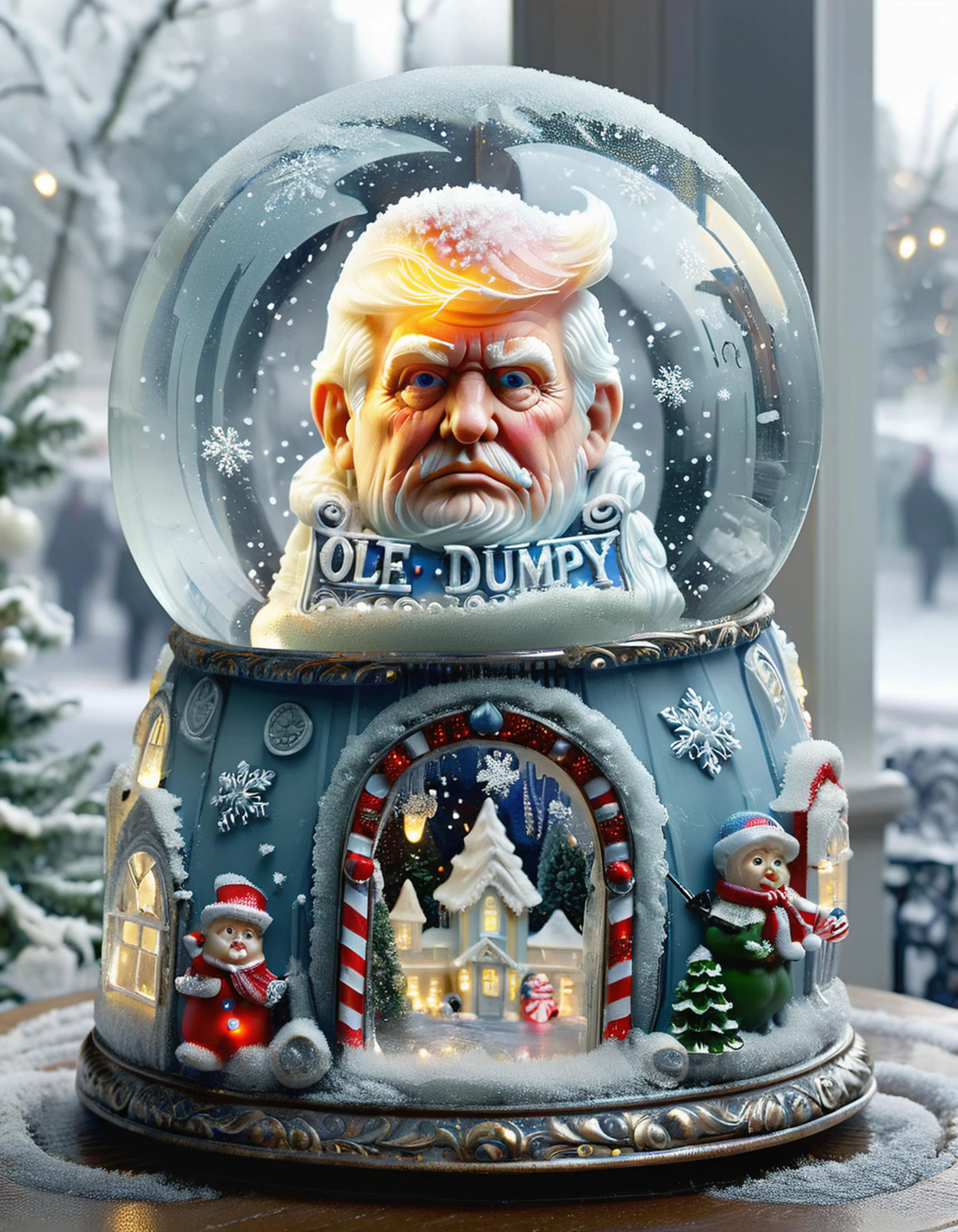 Trump's head in a snow globe, no body <lora:Snow_Globes_for_SDXL:0.8>, very sad, a sign that says (" ole dumpy"), frosted glass, surrounded by decorations <lora:SDXLFrosted:0.8> FrostedStyle