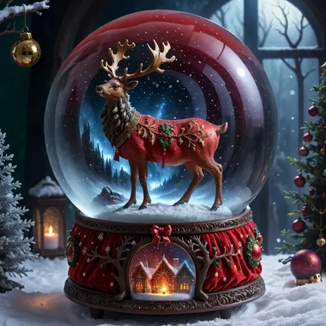 high quality, masterpiece, snowglobe, <lora:Snowglobe_SDXL:1>, enchanting image with a red reindeer in a snowglobe, wearing intricate ancient robes, dark_fantasy, horror, grim, winter, christmas, atmospheric particles, mist, arcane glow,
4k, high quality, masterpiece, 8k, highly detailed, fantasy art style, epic, gorgeous, absurdres, vibrant, oil matte painting