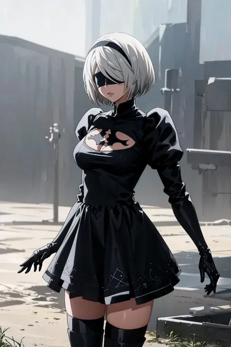 2B, 1girl, solo, short hair, thighhighs, black costume, black, gloves, long sleeves, dress, standing, white hair, hairband, boots, outdoors, black gloves, puffy sleeves, black thighhighs, black footwear, black dress, clothing cutout, thigh boots, cleavage cutout, grass, black hairband, juliet sleeves, mole under mouth, blindfold, covered eyes, thighhighs under boots, black blindfold, feather-trimmed sleeves anime, realistic, masterpiece <lora:2B:1>