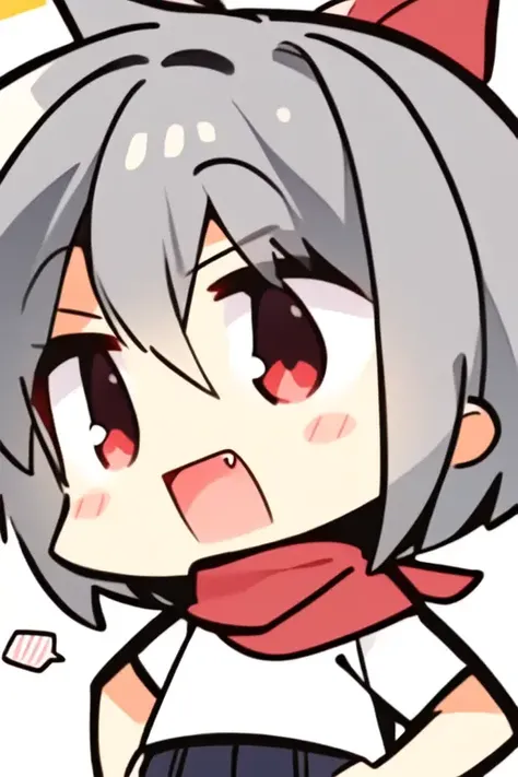 (((Masterpiece))), (((best quality))), (illustration), (((extremely detailed))),1girl, solo, animal ears, white background, fang, shirt, open mouth, red eyes, simple background, red bandana, hand on hip, grey hair, wolf ears, upper body, animal ear fluff, looking at viewer, bandana, short sleeves, grey shirt, bangs, speech bubble, short hair, white shirt, red scarf, cropped torso, scarf, blush stickers, chibi,<lora:MrQuin>