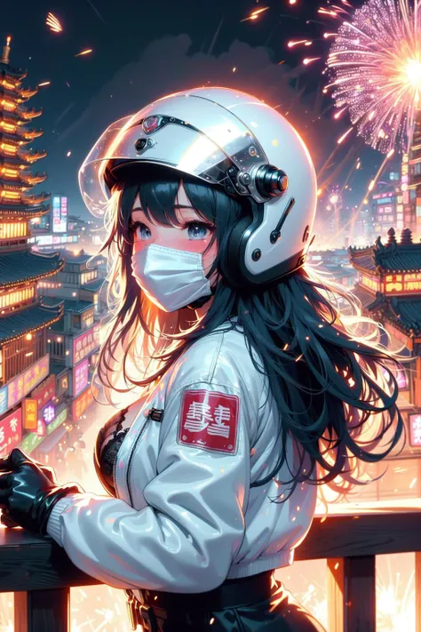 (((masterpiece))), (((best quality))), (((selfie on balcony))), (((from side)))), (((beehive fireworks))), ((((glowing))), (((fluttering hair))), (((mask))), (((white jacket))), ((gloves)), (((silver helmet))), ((sleeves)), ((fog)), ((steam)), ((crowd)), ((temple)), ((tainan cityscape)), ((neon lights)), ((meteor shower)), solo, 1girl, ((big breast)), ((black lace bra)), ((black longhair)), sweat, shy, blush, slim figure, <lora:girllikebeehivefireworks:1>