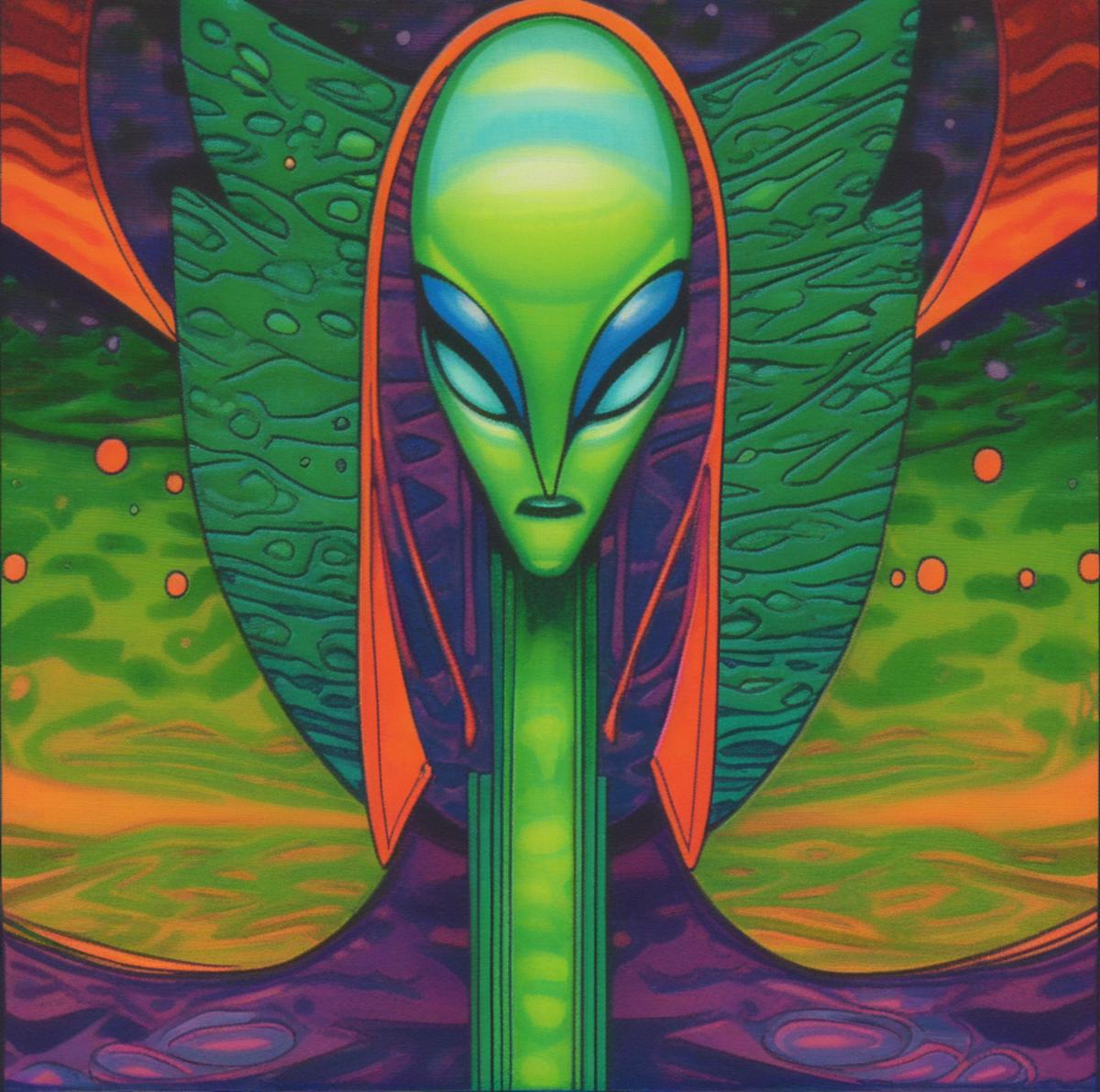 A close up of a painting of a green alien with a long face - SeaArt AI