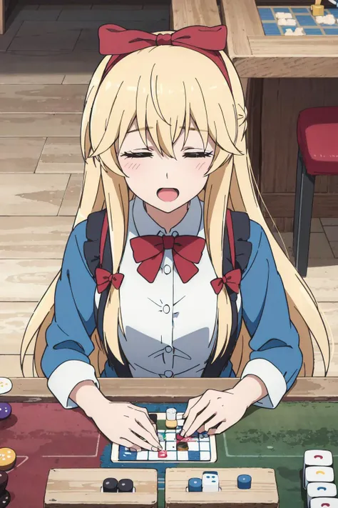 <lora:0020HSCemilia:0.8>, hscemilia,hair_ribbon,playing board games,board game cafe,