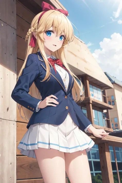 Beautiful illustrations,peace,highest quality, Peace with a smile,pretty girl,Clear skies,Tennis Wear,School corridor,High-quality backgrounds,Slanted Eyes,From Below,Tennis Wear,Blonde ponytail,peace,{,{{beautiful large breasts 1:4}},Black cardigan,Red ribbon,Detailed shirt chest wrinkles,{{{high school girl}}},BREAK,{{beautiful dark blue eye1:4}},BREAK,Five fingers,smile