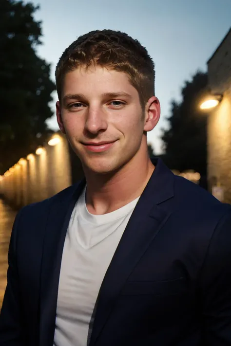(medium-full shot) photo of SebastianKross <lora:SebastianKross:0.75>, seductive smirk, simple background, blurred background, city, wearing a fitted smart casual button-up shirt and chinos with a belt epiCPhoto, nighttime, light bokeh