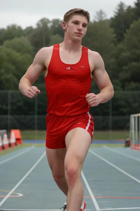 1boy, (Blue Eyes), happy smile,caucasian boy,18 years old,young, slim body, slender, skinny body build, child-like, twink,sunny spring day, track and field stadium, standing on the running track, (male focus), CFDawson wearing cardinal red track uniform, sleeveless track jersey, (compression shorts), sneakers, slight smile, (((full body portrait))), wide angle ,pale skin, pink nipples, skinny, good lighting, very pale skin, light skin, model with attractive body,,big bulge and big butts,(Best quality, 8k, Masterpiece). High Detail , , superior quality, natural lighting, beautiful, sexy, correct anatomy, good composition,realistic shapes, realistic skin tones,Natural eyes,realistic eyes,looking up at viewer,vpl,realistic muscles,Realistic wrinkles on the skin,Realistic arms and legs,Realistic face,realistic hair,Make a sexy and seductive face,, Clear Focus: 1.2, Perfect Body virile: 1.4 , Slender Abs: 1.2, Highly detailed face and skin texture, detailed eyes, double eyelids, big upper lip, man focus,amazing composition, front view, HDR, volumetric lighting, ultra quality, elegant,Post a erotic photoshoot,Realistic pose,detailed hair,full body,Fujifilm XT3 photorealistic art by midjourney