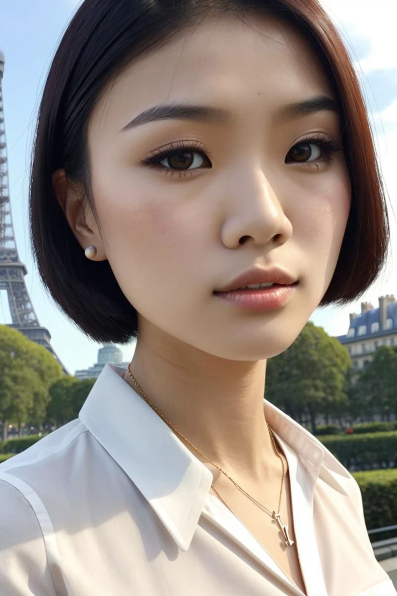 Asian woman, closeup, (shirt), pants, (eiffel tower), cross necklace , KM_sakura , wide shoulders, perfect face, (contact iris: 1.1), pale skin, skin pores , depth of field