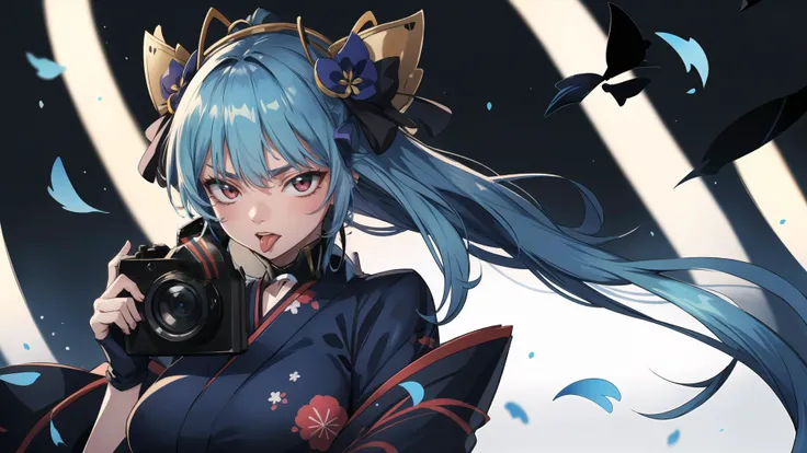 (1woman, yendere, gemini, black and blue:kimono), upper body, boobs, covered, facing camera