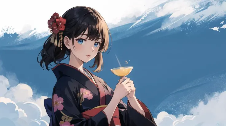 (1woman, yendere, gemini, black and blue:kimono), upper body, modest covered, facing camera