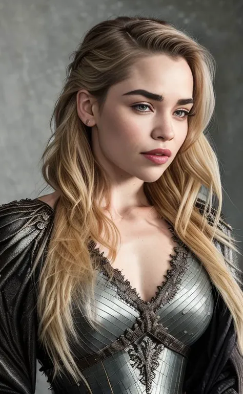 dragonqueen Koh_EmiliaClarke with platinum blonde braided hair, wearing dark black robes with silver armor motif, perfect eyes, perfect face, in a modern bedroom, masterpiece, detailed, elegant, best quality, dusklight, volumetric lighting, (bloom:0.8), chromatic aberration, smooth, sharp focus, (cinder particles:1.2)