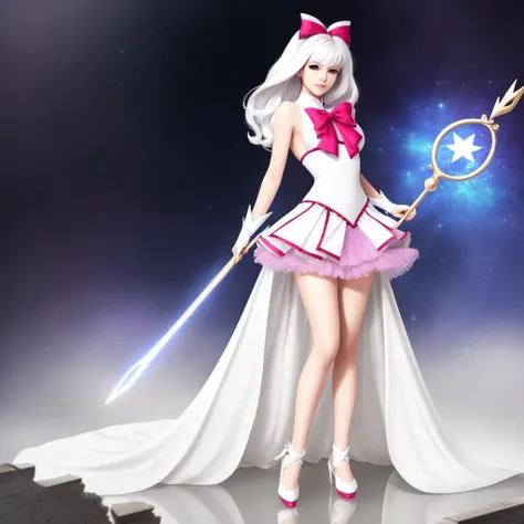 portrait, long hair, white hair, golden eyes, 1girl, head, face, magical girl, absurdres, masterpiece, best quality, ((magical girl costume)), ((mahou shoujo)), short hair, desolation, ruins, dynamic pose, apocalypse, spellcasting, (full body shot), detailed background, by shiun, large breasts, studio quality, 8k, (photorealistic), ((detailed)), modelshoot style