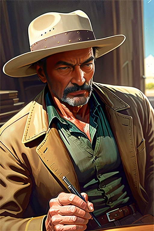 analog style ((photorealistic), film grain), 
8k hdr, ultra realistic, film photography, dslr

Lee Van Cleef in a western movie, 1969,

(perspective:1.1), (from below:1.1), (powerful:1.2),  

professional majestic oil painting by Ed Blinkey, Atey Ghailan, Studio Ghibli, by Jeremy Mann, Greg Manchess, 
Antonio Moro, trending on ArtStation, trending on CGSociety, Intricate, High Detail, Sharp focus, dramatic, 
by midjourney and greg rutkowski, realism, beautiful and detailed lighting, shadows, by Jeremy Lipking, 
by Antonio J. Manzanedo, by Frederic Remington, by HW Hansen, by Charles Marion Russell, by William Herbert Dunton