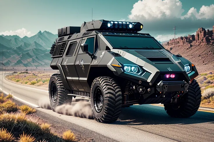 nvinkpunk, black futuristic armoured vehicle on the road, insanely detailed and intricate, hyper maximalist, elegant, hyper realistic, super detailed, 8K, vivid colors, sunrise, open sky, ultra-realistic, nature photography, photographic rendering, realistic textures, color dynamic, octane render, cinematic lighting, enhance, soft light beam, perfect face, rule of thirds,