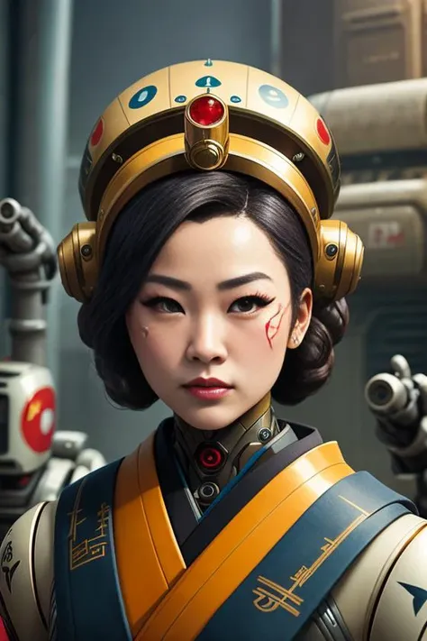 an epic fantastic realism comic book style portrait painting of a Japanese robotic geisha with USSR tattoos and decals, apex legends, octane render, intricate detail, 4 k hd, unreal engine 5, ex machina, irobot, gerald brom, photorealistic, modelshoot style, kuvshinov, nvinkpunk