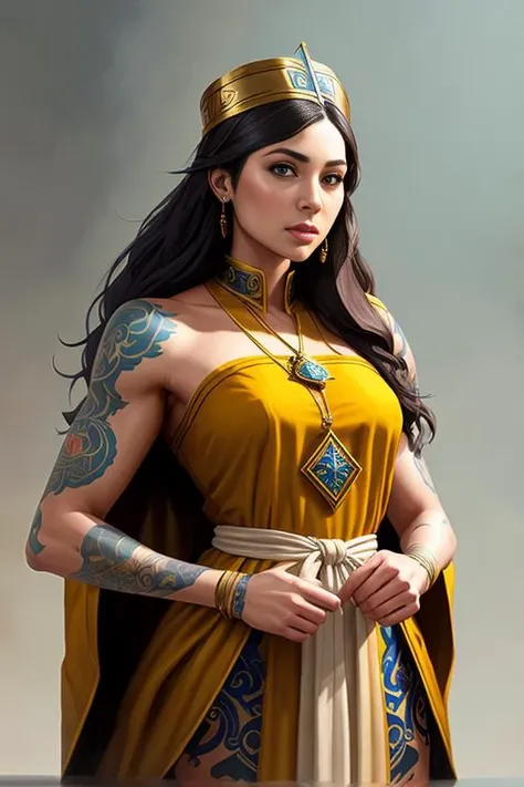 beautiful priestess, tattoos, D&D, muscular, robes, 3d liquid detailing fluid acrylic, artstation, concept art, art by artgerm and greg rutkowski and alphonse mucha