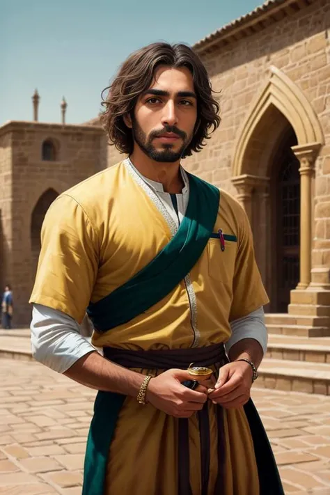 (extremely detailed CG unity 8k wallpaper), full shot body photo of the most beautiful artwork in the world, Arab ((man)) medieval ((King)), green vale, golden crown, diamonds, medieval architecture, professional majestic oil painting by Ed Blinkey, Atey Ghailan, Studio Ghibli, by Jeremy Mann, Greg Manchess, Antonio Moro, trending on ArtStation, trending on CGSociety, Intricate, High Detail, Sharp focus, dramatic, photorealistic painting art by midjourney and greg rutkowski