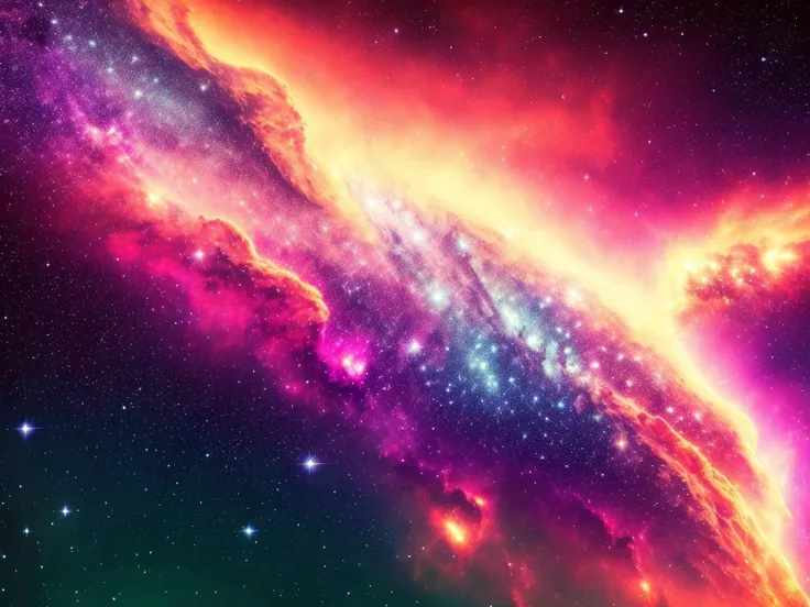 swpunk, synthwave, paint splatters, (extremely detailed 8k wallpaper), an intergalactic nebula on a colorful background of stars, ray tracing, Intricate, High Detail, dramatic, best quality masterpiece, photorealistic, detailed, 8k, HDR, backlighting, bloom, light sparkles, chromatic aberration, sharp focus