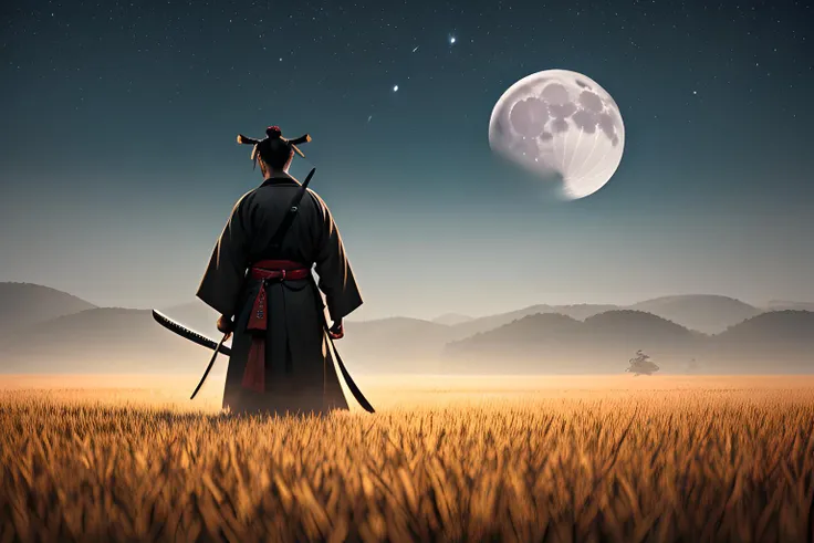 handsome male samurai, katana, kimono, open field, night, moon, rule of thirds, good composition, hd, ultra detailed, 8k, ultra sharp