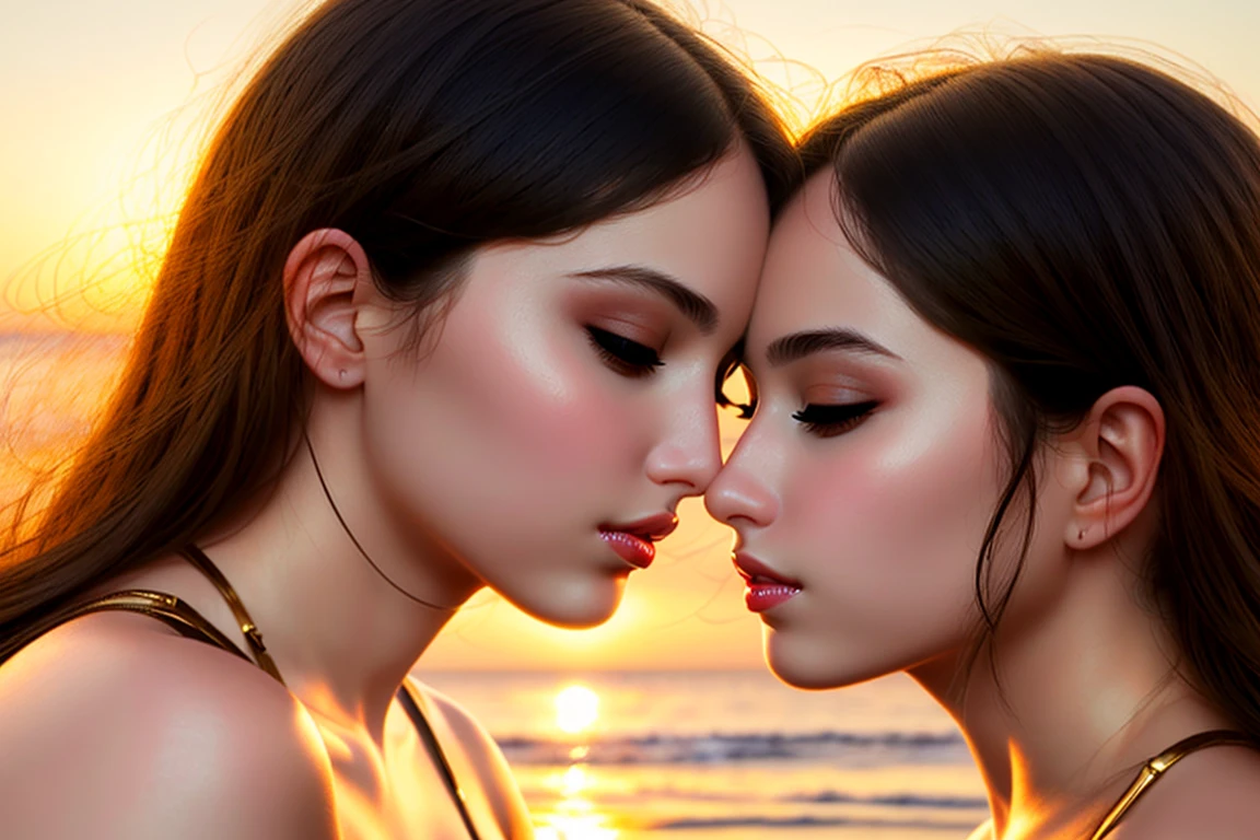 a photo of two beautiful young women kissing in bondage, alluring, sexy, erotic, gorgeous eyes, (perfect lips:1.5), clear face, beautiful face, tropical beach background, sunset, golden hour, rule of thirds, hyper realistic, highly detailed, ultra detailed