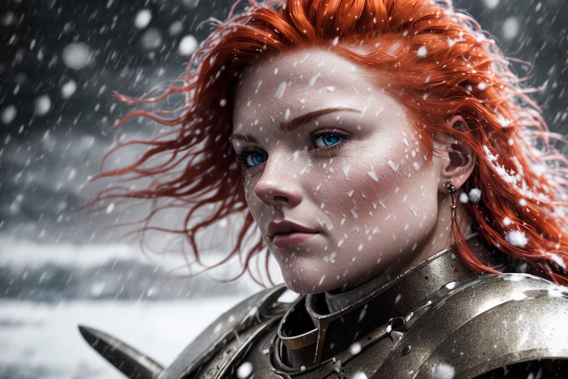 Intricately detailed, closeup, front shot, professional photograph, of (handsome Nordic female warrior), red_hair, (wearing heavy [medieval:fantasy:20] armor), standing, outside on a snowy mountain, (fluffy snow flakes falling from the sky), snow on armor, toned physique, perfect eyes, volumetric fog, shallow depth of field, cinematic lighting, lingering golden rays of sunset on a cloudy winter day, raytracing, subsurface scattering, photographed on a Canon EOS-1D X Mark III, (highly detailed:1.2), (hard focus), HDR, 8k resolution