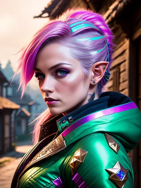 swpunk, synthwave, modelshoot style, award winning digital art of an elven ranger woman, elf ears, detailed eyes, waist up, fully clothed, in a fantasy village, d&d, masterpiece, best quality, high contrast, soft lighting, backlighting, bloom, light sparkles, chromatic aberration, smooth, sharp focus