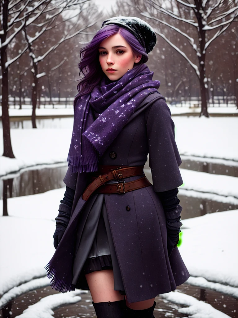 portrait of a cute woman violet hair girl wearing a scarf in a park with snow on the ground (erotic posture) skirt with thigh highs (curvy:1.1), masterpiece, highres, by Jeremy Lipking, by Antonio J Manzanedo, (by Alphonse Mucha:0.5)