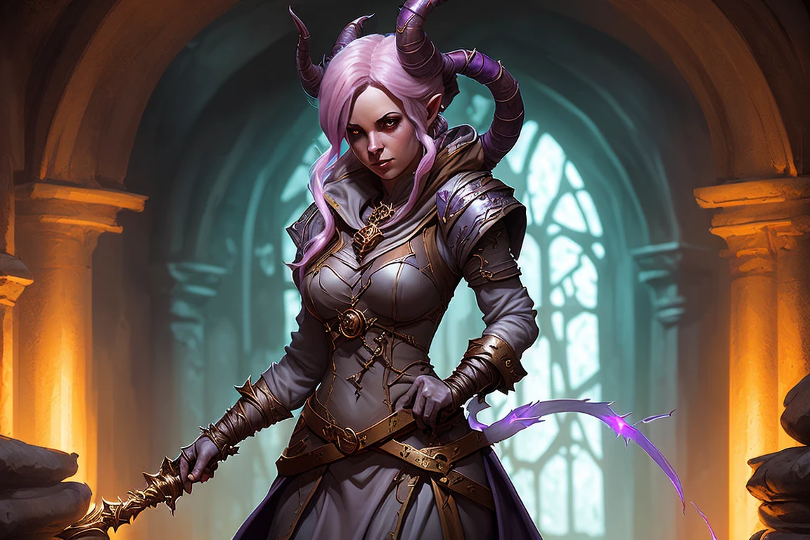 modelshoot style, award winning digital art of a female tiefling necromancer, fully clothed, in a dusty crypt, d&d, masterpiece, best quality, high contrast, soft lighting, backlighting, bloom, light sparkles, chromatic aberration, smooth, sharp focus