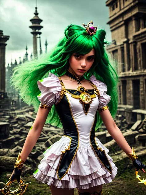 portrait, long hair, green hair, golden eyes, 1girl, head, face, magical girl, absurdres, masterpiece, best quality, ((magical girl costume)), ((mahou shoujo)), short hair, desolation, ruins, dynamic pose, apocalypse, spellcasting, (full body shot), detailed background, by shiun, large breasts, studio quality, 8k, (photorealistic), ((detailed)), modelshoot style