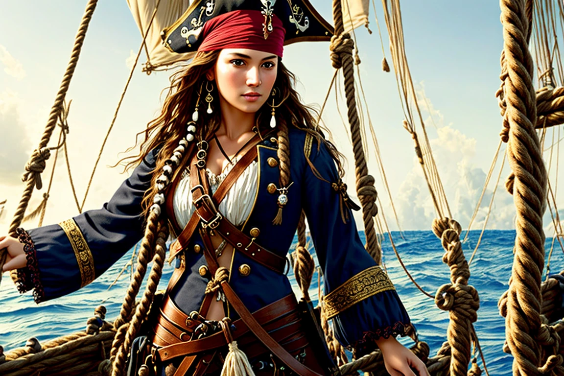 Intricately detailed, the most beautiful female pirate captain grabs a rope aboard a pirate ship, smirk, perfect eyes, handsome male first mate stands behind her, crew in background, breeze, blown hair, ropes, rigging, (highly detailed:1.2), (hard focus), 135mm, f2.0,HD,HDR, 8k resolution, ultra detailed, rule of thirds