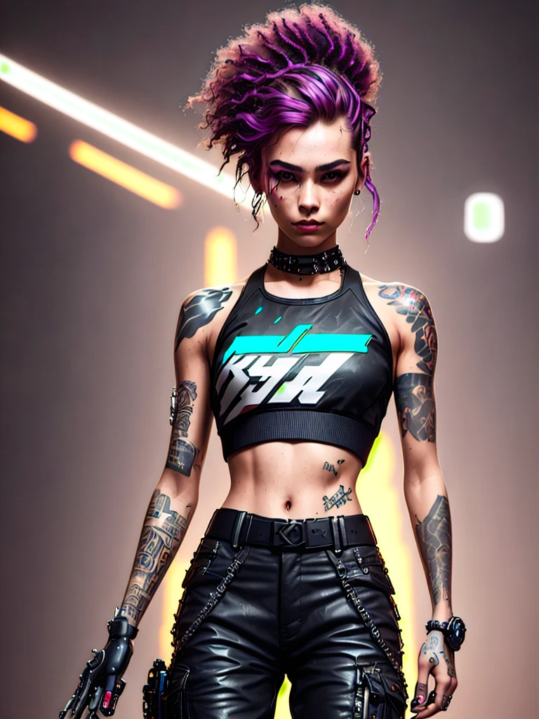 synthwave style, nvinkpunk Detailed portrait cyberpunk (sks woman) (20 year old sks woman), futuristic neon reflective wear, sci-fi, robot parts, perfect face, ((tattoo)), (long hair), matte skin, pores, sharp detail, sharpness, wrinkles, hyperdetailed, hyperrealistic, subsurface scattering, Hasselblad Award Winner, Soft Diffuse Lighting, Smirk, machine face, fine details, realistic shaded, intricate, elegant, award winning half body portrait of a woman in a croptop and cargo pants with funky hairstyle with head in motion, paint splashes, splatter, outrun, vaporware, shaded flat illustration, digital art, highly detailed, fine detail, intricate