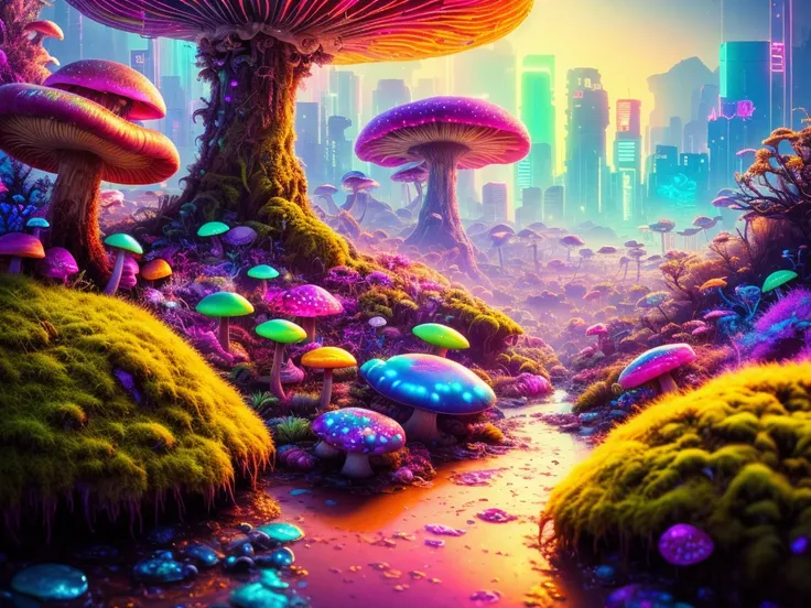 swpunk, synthwave, paint splatters, (extremely detailed 8k wallpaper), a crazy alien landscape with giant glowing mushrooms and colorful moss growing on rocks, ray tracing, detailed reflections, Intricate, High Detail, dramatic, best quality masterpiece, photorealistic, detailed, 8k, HDR, backlighting, bloom, light sparkles, chromatic aberration, sharp focus
