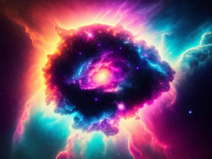 swpunk, synthwave, paint splatters, (extremely detailed 8k wallpaper), an intergalactic nebula on a colorful background of stars, ray tracing, Intricate, High Detail, dramatic, best quality masterpiece, photorealistic, detailed, 8k, HDR, backlighting, bloom, light sparkles, chromatic aberration, sharp focus