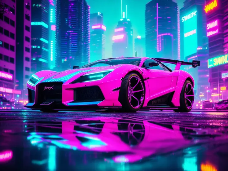 swpunk, synthwave, paint splatters, (extremely detailed 8k wallpaper), a medium shot photo of a futuristic concept car parked in an elaborate cyberpunk city, ray tracing, detailed reflections, Intricate, High Detail, dramatic, best quality masterpiece, photorealistic, detailed, 8k, HDR, backlighting, bloom, light sparkles, chromatic aberration, sharp focus