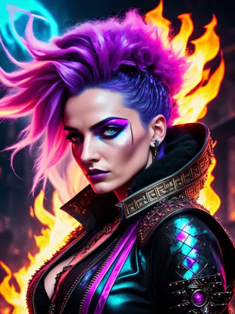 swpunk, synthwave, modelshoot style, waist up, award winning digital art of a beautiful sorceress conjuring fire, fully clothed, in a burning and destroyed fantasy village, detailed eyes, magical, d&d, masterpiece, best quality, high contrast, soft lighting, backlighting, bloom, light sparkles, chromatic aberration, smooth, sharp focus