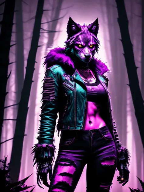 swpunk, synthwave, award winning digital art of a female werewolf, wearing (ripped torn clothing), furry skin, thigh gap, in a dark foggy forest, night, ominous, horror, fantasy, masterpiece, best quality, high contrast, soft lighting, backlighting, bloom, light sparkles, chromatic aberration, smooth, sharp focus
