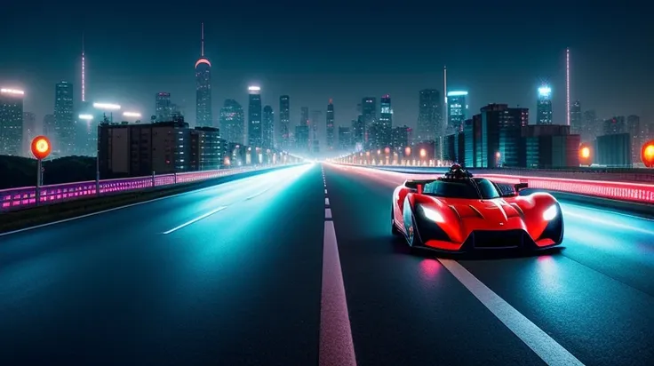 futuristic car, akira, tokio, city, night, realistic, 4k,  distant shoot, wide angle, far from camera, (grand plan), ((front view)), alone in highway, (lower view), (centered)